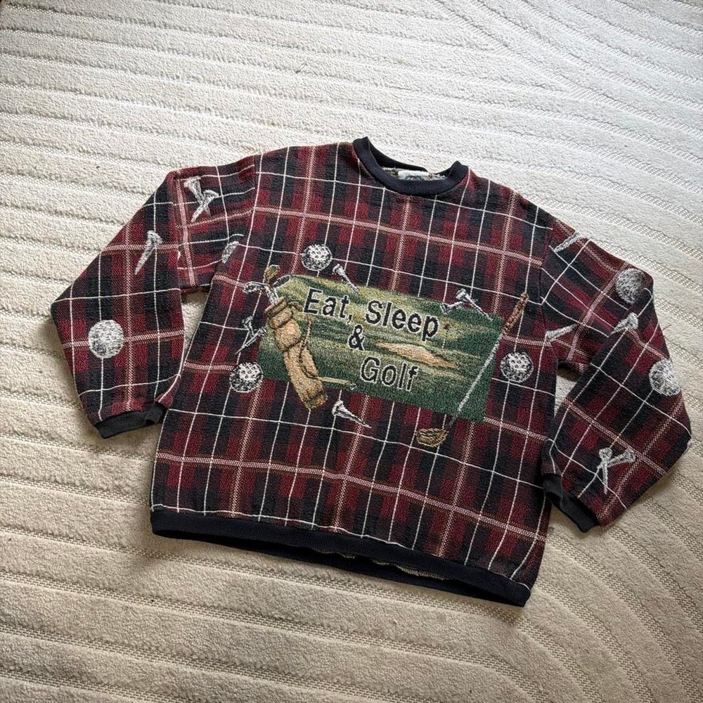 VTG 90s Red black plaid golf crewneck sweatshirt One Size  'Eat, Sleep & Golf'